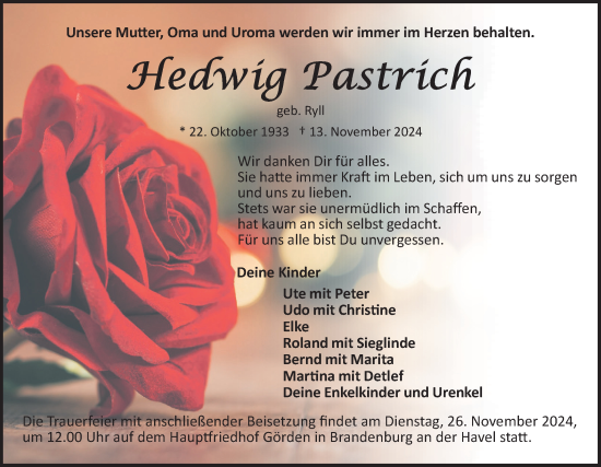 Traueranzeige von Hedwig Pastrich von Märkische Oderzeitung