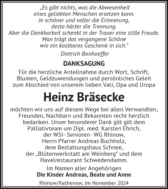 Traueranzeige von Heinz Bräsecke von Märkische Oderzeitung