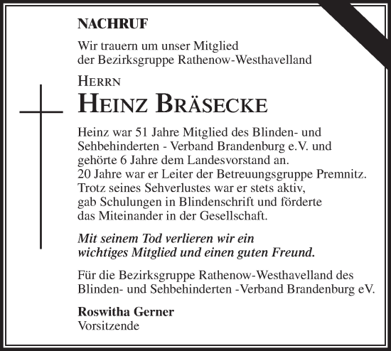 Traueranzeige von Heinz Bräsecke von Märkische Oderzeitung