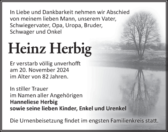 Traueranzeige von Heinz Herbig von Märkische Oderzeitung