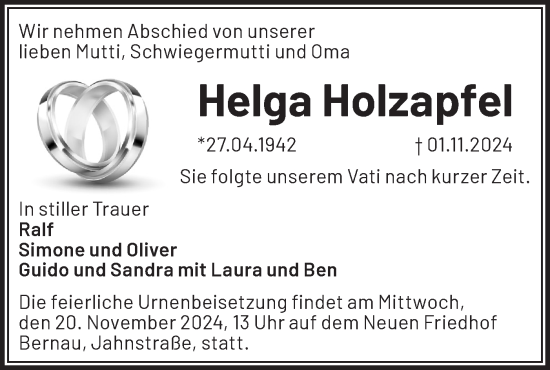 Traueranzeige von Helga Holzapfel von Märkische Oderzeitung