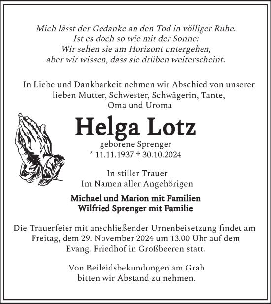 Traueranzeige von Helga Lotz von Märkische Oderzeitung