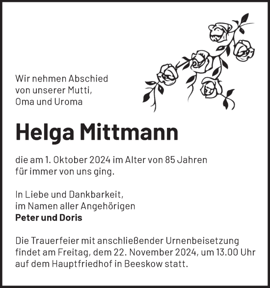 Traueranzeige von Helga Mittmann von Märkische Oderzeitung