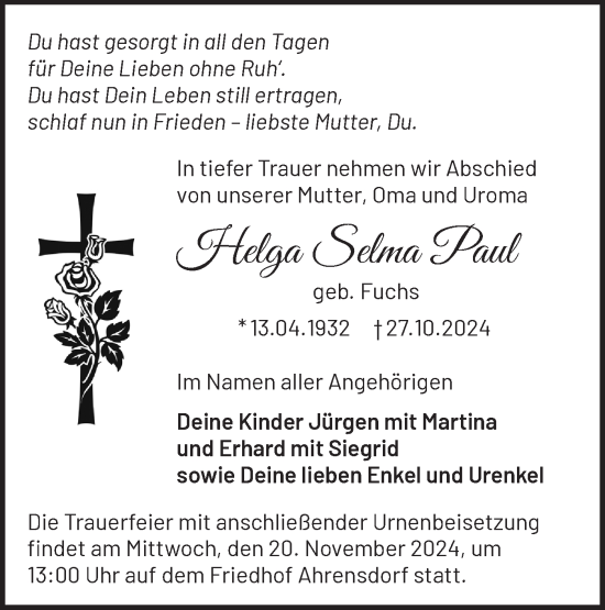 Traueranzeige von Helga  Paul von Märkische Oderzeitung