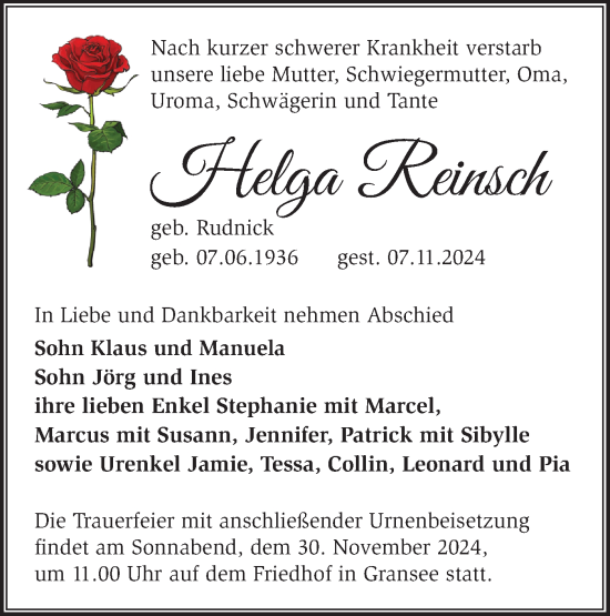 Traueranzeige von Helga Reinsch von Märkische Oderzeitung