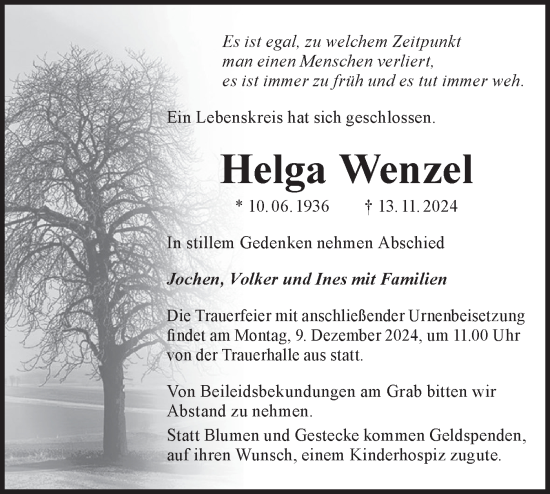 Traueranzeige von Helga Wenzel von Märkische Oderzeitung