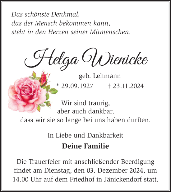 Traueranzeige von Helga Wienicke von Märkische Oderzeitung