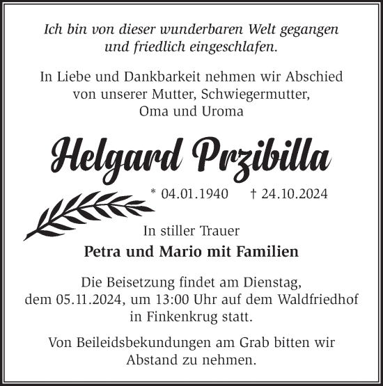 Traueranzeige von Helgard Przibilla von Märkische Oderzeitung