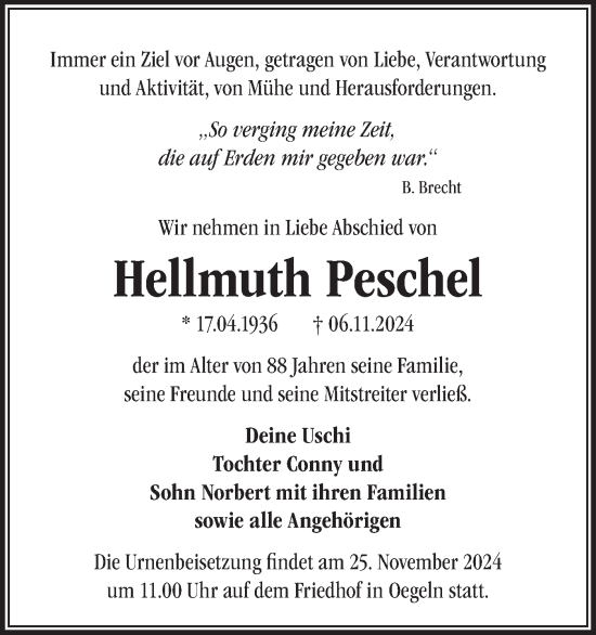 Traueranzeige von Hellmuth Peschel von Märkische Oderzeitung