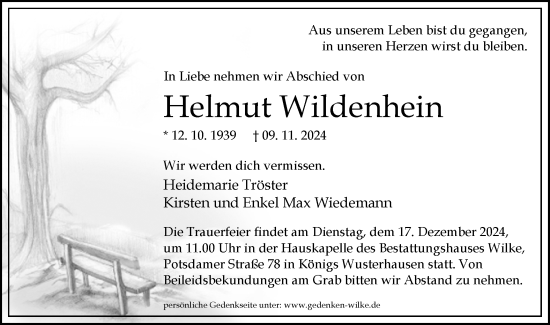 Traueranzeige von Helmut Wildenhein von Märkische Oderzeitung