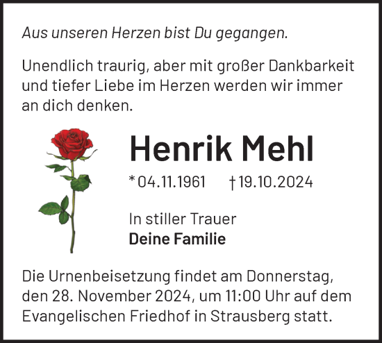 Traueranzeige von Henrik Mehl von Märkische Oderzeitung