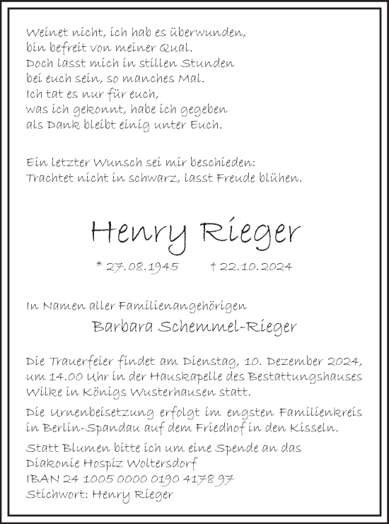 Traueranzeige von Henry Rieger von Märkische Oderzeitung