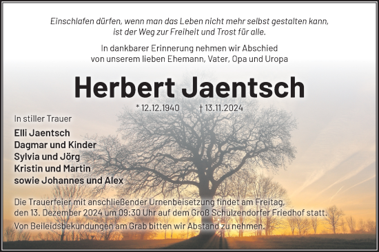 Traueranzeige von Herbert Jaentsch von Märkische Oderzeitung