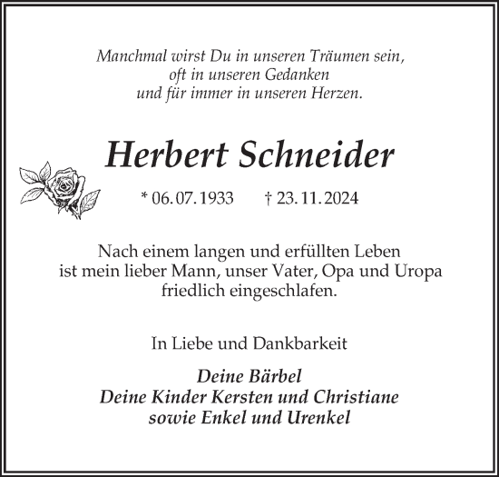 Traueranzeige von Herbert Schneider von Märkische Oderzeitung