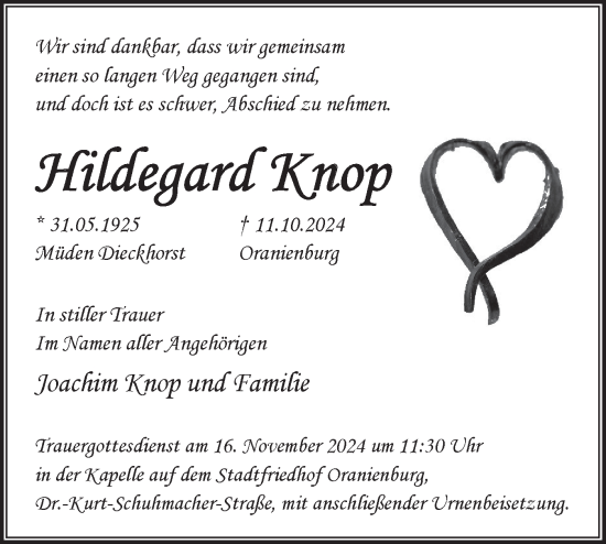 Traueranzeige von Hildegard Knop von Märkische Oderzeitung