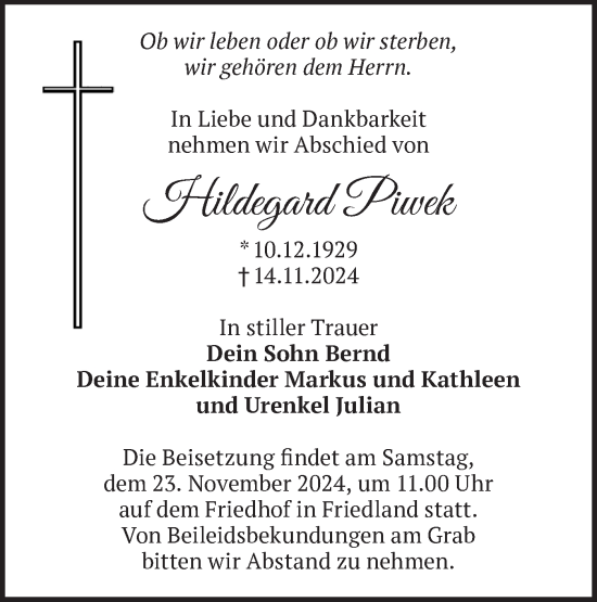 Traueranzeige von Hildegard Piwek von Märkische Oderzeitung