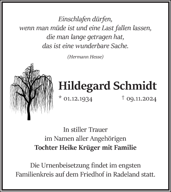 Traueranzeige von Hildegard Schmidt von Märkische Oderzeitung