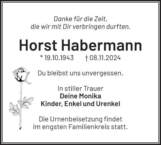 Traueranzeige von Horst Habermann von Märkische Oderzeitung