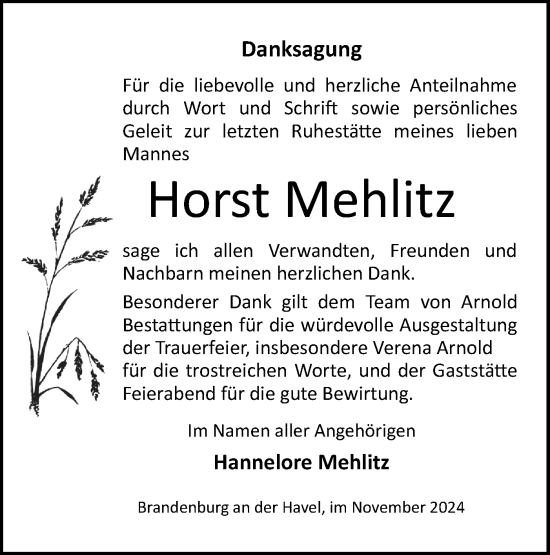 Traueranzeige von Horst Mehlitz von Märkische Oderzeitung