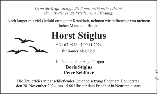 Traueranzeige von Horst Stiglus von Märkische Oderzeitung