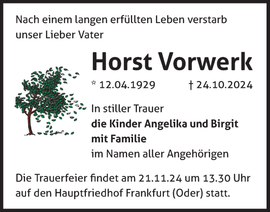 Traueranzeige von Horst Vorwerk von Märkische Oderzeitung