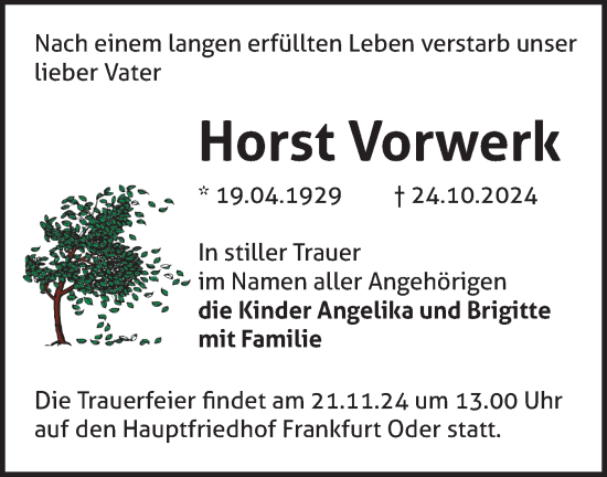 Traueranzeige von Horst Vorwerk von Märkische Oderzeitung