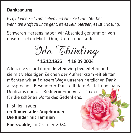 Traueranzeige von Ida Thürling von Märkische Oderzeitung