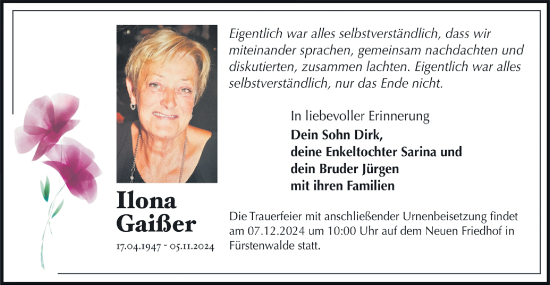 Traueranzeige von Ilona Gaißer von Märkische Oderzeitung