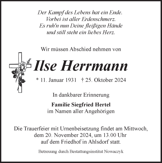 Traueranzeige von Ilse Herrmann von Märkische Oderzeitung