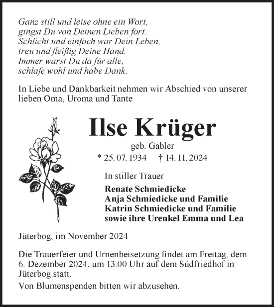 Traueranzeige von Ilse Krüger von Märkische Oderzeitung