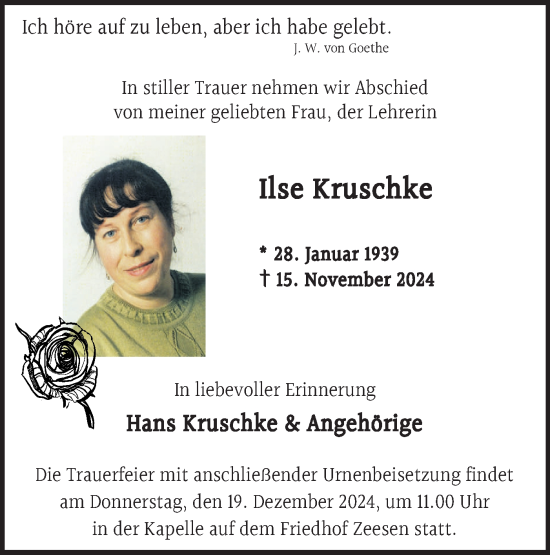 Traueranzeige von Ilse Kruschke von Märkische Oderzeitung