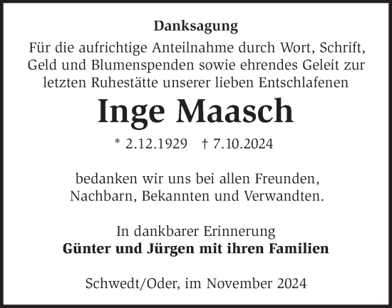 Traueranzeige von Inge Maasch von Märkische Oderzeitung