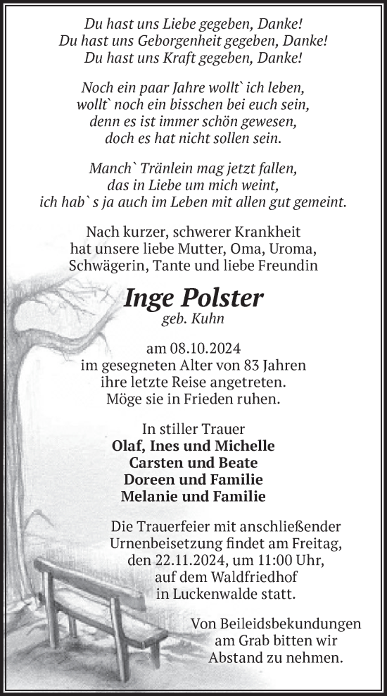 Traueranzeige von Inge Polster von Märkische Oderzeitung