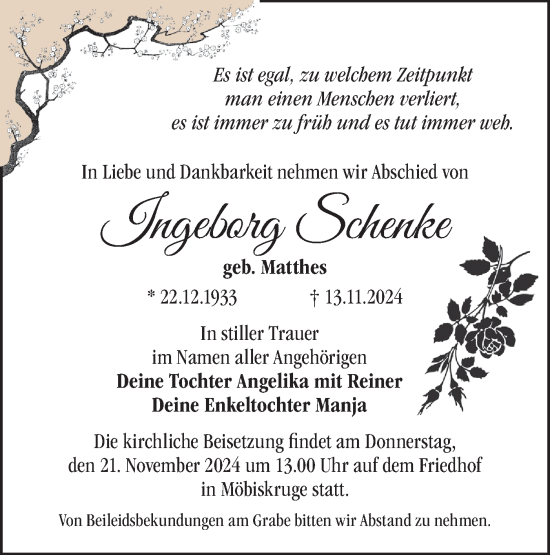 Traueranzeige von Ingeborg Schenke von Märkische Oderzeitung