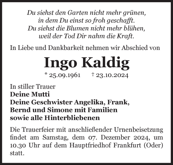 Traueranzeige von Ingo Kaldig von Märkische Oderzeitung