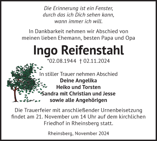 Traueranzeige von Ingo Reifenstahl von Märkische Oderzeitung