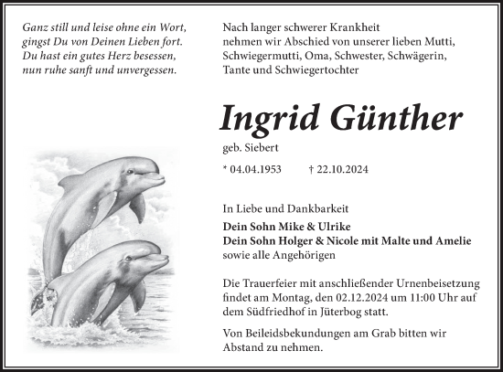 Traueranzeige von Ingrid Günther von Märkische Oderzeitung