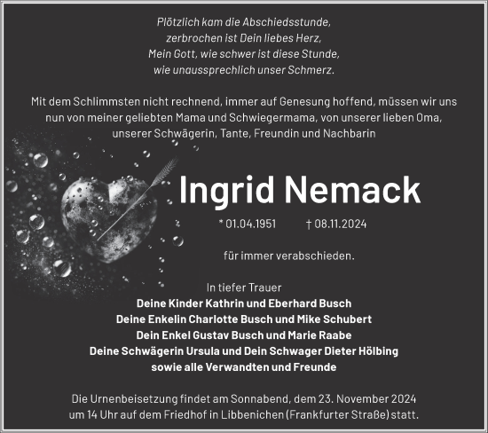 Traueranzeige von Ingrid Nemack von Märkische Oderzeitung