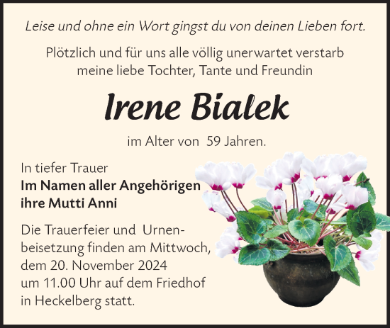 Traueranzeige von Irene Bialek von Märkische Oderzeitung