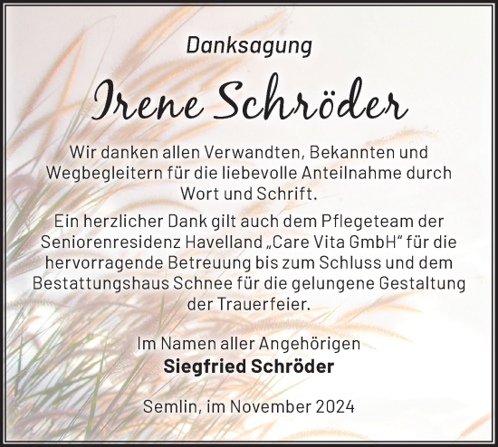 Traueranzeige von Irene Schröder von Märkische Oderzeitung