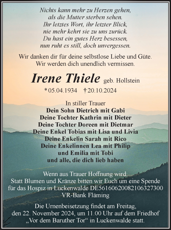 Traueranzeige von Irene Thiele von Märkische Oderzeitung