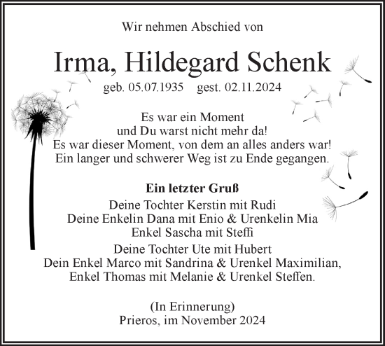 Traueranzeige von Irma, Hildegard Schenk von Märkische Oderzeitung