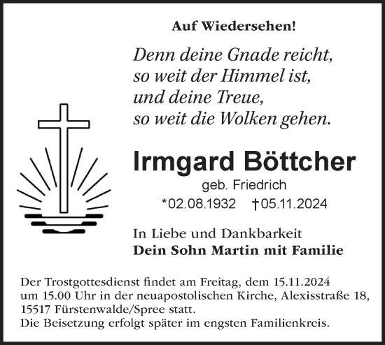 Traueranzeige von Irmgard Böttcher von Märkische Oderzeitung