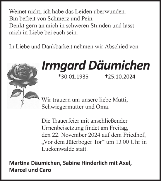 Traueranzeige von Irmgard Däumichen von Märkische Oderzeitung