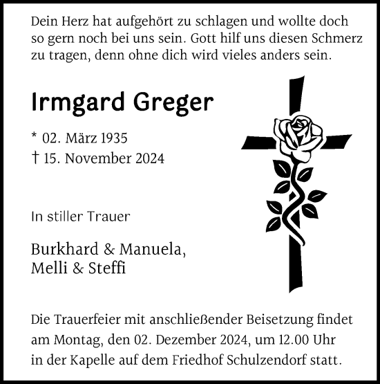 Traueranzeige von Irmgard Greger von Märkische Oderzeitung