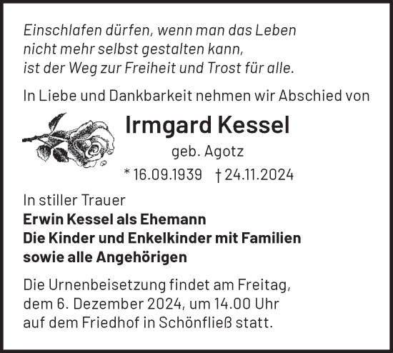 Traueranzeige von Irmgard Kessel von Märkische Oderzeitung