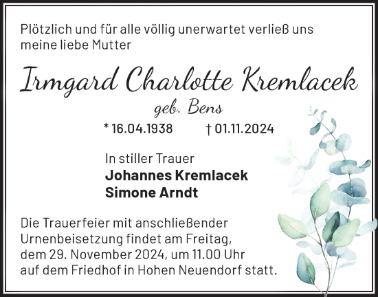 Traueranzeige von Irmgard Charlotte Kremlacek von Märkische Oderzeitung