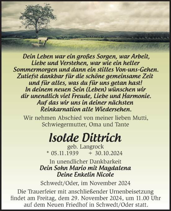 Traueranzeige von Isolde Dittrich von Märkische Oderzeitung