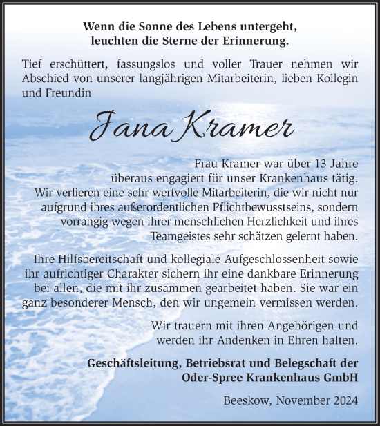 Traueranzeige von Jana Kramer von Märkische Oderzeitung