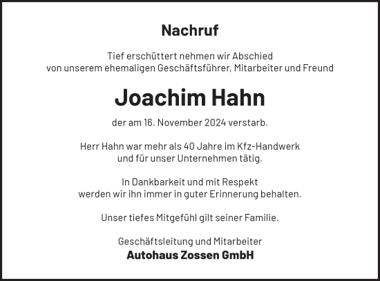 Traueranzeige von Joachim Hahn von Märkische Oderzeitung